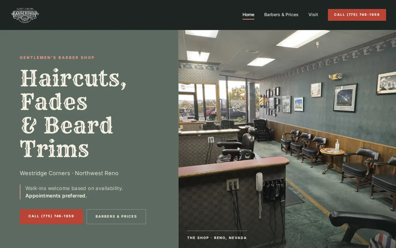 Gentlemen's Barber Shop website home page with haircuts, fades and beard trims headline and a photo of the shop